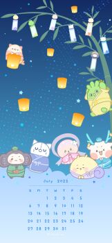 2025 :d ;3 absurdres antlers bamboo blue_hat blue_kimono blush bukucha_(iriam) calendar_(medium) closed_eyes commentary_request copyright_notice green_kimono hat highres horns hoshiika_(iriam) iriam japanese_clothes july kimono monkey nekocoro_(iriam) no_humans official_art one_eye_closed open_mouth pink_kimono purple_kimono sabobon_(iriam) shirasu_(iriam) smile star_(symbol) tanabata tanzaku tsumumaru_(iriam) u_u yellow_kimono yuramii_(iriam)