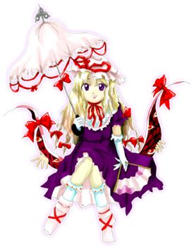 Rule 34 | bad anatomy, blonde hair, bonnet, bow, bowtie, dress, frilled bonnet, frilled umbrella, frills, hair bow, hat, holding, holding umbrella, lowres, multiple hair bows, necktie, nightgown, non-web source, old, old woman, parasol, perfect cherry blossom, purple dress, purple eyes, red eyes, ribbon, shoes, touhou, umbrella, yakumo yukari, zun (artist)