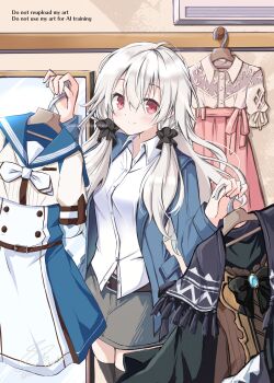 1girl belt black_scrunchie black_thighhighs blue_jacket blush brown_belt closed_mouth collared_shirt commentary_request cowboy_shot dress_shirt grey_skirt hair_between_eyes hair_ornament hair_scrunchie hakuchuumu_no_aojashin hands_up highres holding holding_unworn_clothes indoors jacket long_hair long_sleeves open_clothes open_jacket pencil_skirt red_eyes scrunchie shirt sidelocks signature skirt smile solo split_mouth thighhighs usetsusakon2 watermark white_hair white_shirt yonagi_(hakuchuumu_no_aojashin) zettai_ryouiki