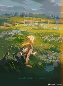 1girl blonde_hair crawling emmmerald flower from_behind grass krista_lenz nature shingeki_no_kyojin