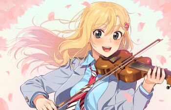 Rule 34 | 1girl, :d, blazer, blonde hair, blue shirt, blush, bow (music), breasts, collared shirt, commentary request, falling petals, floating hair, flower, grey eyes, grey jacket, hair between eyes, hair flower, hair ornament, head rest, highres, holding, holding bow (music), holding instrument, holding violin, instrument, jacket, kamille (vcx68), long hair, long sleeves, medium breasts, miyazono kawori, music, necktie, open clothes, open jacket, open mouth, petals, pink petals, playing instrument, red necktie, school uniform, shigatsu wa kimi no uso, shirt, smile, solo, teeth, upper body, upper teeth only, violin