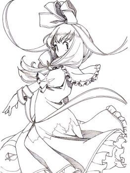 1girl arm_ribbon bow commentary_request dress feet_out_of_frame frilled_shirt_collar frills from_side front_ponytail hair_bow hair_ribbon kagiyama_hina long_hair looking_to_the_side monochrome one-hour_drawing_challenge petticoat puffy_short_sleeves puffy_sleeves rangycrow ribbon short_sleeves sideways_glance sketch solo touhou