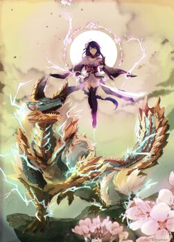 Rule 34 | 1girl, blunt bangs, braid, bridal gauntlets, claws, closed mouth, cloud, cloudy sky, commentary, crossover, electricity, floating, flower, genshin impact, glowing, green sky, hair ornament, highres, horns, japanese clothes, kimono, long hair, looking at viewer, looking down, monster hunter (series), monster hunter rise, open mouth, outdoors, purple eyes, purple hair, purple kimono, purple thighhighs, raiden shogun, red sash, ringorowasabi, sash, sky, sun, tail, thighhighs, zinogre