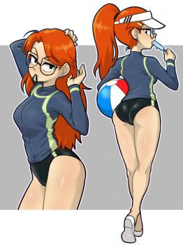 Rule 34 | 1girl, adjusting hair, arm up, ass, ass focus, ball, beachball, blush, commentary, earrings, english commentary, facing away, facing viewer, flower, food, food in mouth, front and back, full body, glasses, gym shorts, hair between eyes, hairband, holding, holding food, holding popsicle, infinity train, jewelry, melting popsicle, orange hair, ponytail, popsicle, popsicle in mouth, shoes, shorts, simple background, solo, ta-na (tana351), tulip, tulip olsen, visor cap