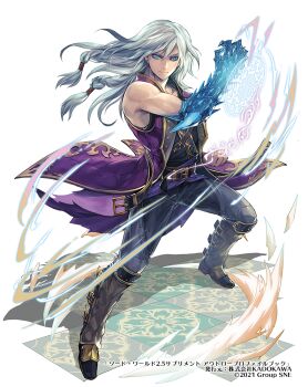 Rule 34 | 1boy, armor, armored footwear, belt, belt buckle, black belt, black shirt, blue armor, blue eyes, boots, buckle, clenched hand, closed mouth, coat, commentary request, fantasy, floor tiles, gauntlets, hair tie, magic, magic circle, moreshan, official art, pale skin, pants, purple coat, shirt, single gauntlet, sleeveless, solo, spiked gauntlets, spikes, sword world, sword world 2.5, white background, wind