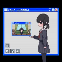 1girl animated bed bedroom black_eyes black_hair black_pantyhose black_shirt black_skirt blush book buttons child couch desk english_text female_focus necktie original pantyhose pause_button pixel_art plant potted_plant red_necktie school_uniform screen serafuku shirt short_hair skirt sleeping solo sotie standing tagme twintails user_interface video walking window window_(computing)
