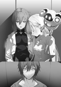 Rule 34 | 1boy, 2girls, android, breasts, closed eyes, closed mouth, commentary request, cropped jacket, greyscale, hair between eyes, hakuchuumu no aojashin, highres, id card, indoors, izumo (hakuchuumu no aojashin), jacket, kaito (hakuchuumu no aojashin), leep-kun (hakuchuumu no aojashin), long hair, looking at viewer, medium breasts, medium hair, monochrome, multiple girls, novel illustration, official art, open clothes, open jacket, open mouth, parted lips, second-party source, shimofuri, short sleeves, sleeping, yonagi (hakuchuumu no aojashin)
