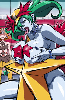 2girls :o absurdres ass bishoujo_senshi_sailor_moon bishoujo_senshi_sailor_moon_s blue_eyes blue_skin bracelet breasts breasts_squeezed_together bright_pupils brown_hair censored colored_skin cowboy_shot curvy demon_girl disgust faceless faceless_female fellatio fellatio_gesture female_pervert grabbing_own_breast green_hair hand_on_own_hip highres huge_ass indoors jewelry large_breasts long_hair looking_at_another looking_at_viewer mamesi_(suhk8583) medium_hair mimete_(sailor_moon) motion_lines multiple_girls oral paizuri partially_visible_vulva pasties pervert pink_background pointy_ears revealing_clothes shaded_face shiny_skin simple_background smile standing star-shaped_pupils star_(symbol) star_pasties surprised symbol-shaped_pupils thighs tiara tongue tongue_out twintails uchoten_(sailor_moon) wavy_hair what wide_hips