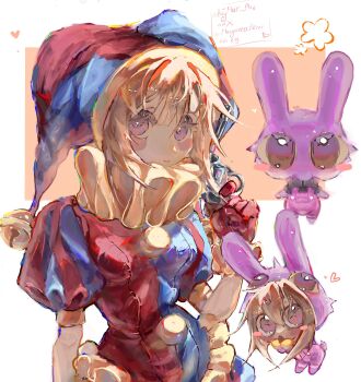 Rule 34 | 1boy, 1girl, animal costume, animal ears, blue eyes, blue hat, blush stickers, brown hair, collar, commentary, cosplay, english commentary, frilled collar, frills, gloves, hat, highres, jax (the amazing digital circus), jax (the amazing digital circus) (cosplay), jester cap, multicolored eyes, pomni (the amazing digital circus), rabbit costume, rabbit ears, red eyes, red gloves, red hat, rymar art, signature, the amazing digital circus, two-tone eyes, two-tone hat