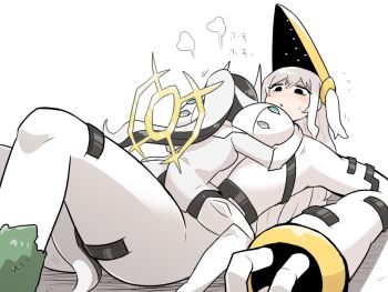 2girls arceus bags_under_eyes black_eyes black_hair blush_stickers bodysuit commentary elbow_gloves face_to_breasts fewer_digits gen_4_pokemon gloves gold_halo grabbing_another's_breast groping kasugai_(de-tteiu) legendary_pokemon makhia_(kasugai_(de-tteiu)) maria_(kasugai_(de-tteiu)) mask mask_on_head multicolored_hair multiple_girls mythical_pokemon nintendo personification pokemon ponytail puff_of_air regigigas size_difference tail tall_female two-tone_hair white_bodysuit white_hair yuri