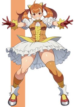 1girl breasts center_frills character_request copyright_request dress frilled_dress frills gloves gluteal_fold hashtag-only_commentary highres horns looking_at_viewer medium_breasts medium_hair mismatched_thighhighs nagare_(flow) orange_hair red_eyes shoes smile solo thighhighs twintails