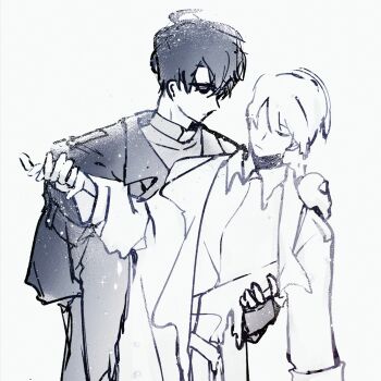 Rule 34 | 2boys, 8612starreader, animal, animal on shoulder, belt collar, biyoo (omniscient reader's viewpoint), coat, collar, collared shirt, commentary, cowboy shot, fingerless gloves, gloves, greyscale, hand on another's waist, hand up, highres, holding hands, kim dokja, looking at another, male focus, melting, monochrome, multiple boys, omniscient reader's viewpoint, open clothes, open coat, popped collar, shirt, short hair, sketch, untranslatable commentary, yoo joonghyuk