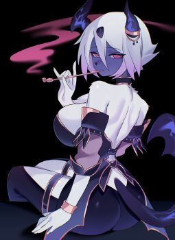 1girl absol absurdres animal_nose ass back black_background black_choker black_shirt bracelet breasts choker chunniwa crop_top detached_sleeves expressionless from_behind furry furry_female gen_3_pokemon gold_bracelet gold_trim highres horn_ornament horns jewelry large_breasts looking_at_viewer looking_back median_furrow nintendo pink_eyes pokemon pokemon_(creature) shirt shoulder_blades sitting smoke smoking_pipe smoking_pipe_in_mouth snout solo tail thigh_strap thighs white_fur white_hair
