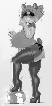 1boy 1girl absurdres animal_ears artist_self-insert blunt_bangs boots breast_expansion breasts china_dress chinese_clothes disembodied_head double_bun dress drooling elbow_gloves eyeliner eyeshadow femdom full_body furry furry_female furry_with_non-furry gloves green_eyes greyscale hair_bun hetero high_heel_boots high_heels highres huge_breasts interspecies krekkball krekkov latex latex_boots latex_gloves makeup monochrome nuwa_nightstone ojou-sama_pose original panda panda_ears panda_girl panda_tail panties purple_eyes short_dress short_hair side-tie_panties side_slit skindentation solo_focus spot_color stepped_on tail thick_thighs thigh_boots thighhighs thighs tongue tongue_out underwear