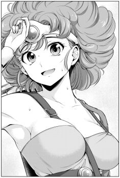 1girl absurdres arm_up armpits border breasts character_request collarbone copyright_request fluffy_hair greyscale headband highres hinoharaf_(14310486) large_breasts looking_at_viewer medium_hair monochrome open_mouth shirt smile solo strapless strapless_shirt sweat upper_body