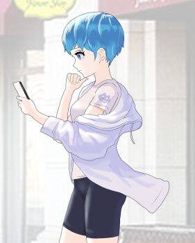 1girl absurdres bike_shorts black_shorts blue_eyes blue_hair blurry blurry_background breasts closed_mouth comitomic commentary_request eyelashes from_side highres hood hood_down hooded_jacket jacket off_shoulder open_clothes open_jacket original profile shirt short_hair short_sleeves shorts solo tomboy very_short_hair white_jacket white_shirt