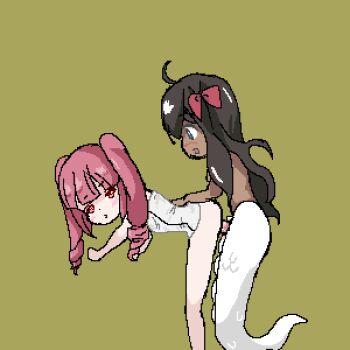 1futa 1girl animated animated_gif bath_towel blonde_hair breasts dark_skin from_behind futa_with_female futanari hair_ribbon hanazono_yurine hyperlolicrisis jashin-chan jashin-chan_dropkick nipples penis pixel_art red_eyes red_hair ribbon sex small_breasts snake_tail tail twintails