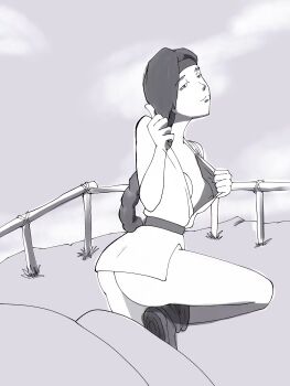 Rule 34 | 1girl, ass, braid, braided ponytail, breasts, clothes grab, clothes pull, dougi, female focus, from behind, grabbing own breast, hairband, karate gi, large breasts, long hair, looking at viewer, nipple slip, nipples, no pants, outdoors, skirt, standing, the king of fighters, thick thighs, thighs, thumbs up, undressing, yuri sakazaki