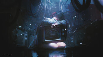 1girl absurdres arm_cutout arm_rest artist_name black_jacket chisa_(wuthering_waves) clothing_cutout commentary crt english_commentary hair_ribbon head_rest highres jacket long_sleeves red_eyes red_ribbon ribbon shaded_face sitting solo tacet_mark_(wuthering_waves) thigh_strap ui_uiiiiiiiii wuthering_waves yokozuwari