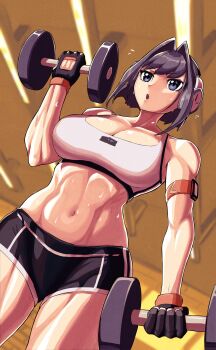 1girl absurdres arm_up blue_eyes blue_hair breasts ceiling ceiling_light commentary english_commentary exercising flying_sweatdrops from_below gloves hair_intakes headphones highres hololive hololive_english indoors large_breasts looking_ahead navel open_mouth ouro_kronii short_hair shorts solo sports_bra stomach sweat thighs toned toned_female virtual_youtuber weightlifting weights workout_clothes yodokogon