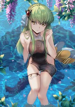 1girl absurdres bare_shoulders black_dress breasts budgiepon c.c. c.c._day code_geass collarbone dress flower gold_trim green_hair hair_ornament hand_up highres leaf long_hair looking_at_viewer medium_breasts parted_lips pelvic_curtain petals petals_on_liquid ripples sitting sleeveless sleeveless_dress soaking_feet solo thigh_strap thighs very_long_hair water wet wing_collar yellow_eyes