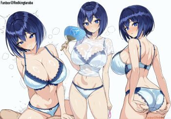 1boy 1girl ass blue_bra blue_eyes blue_hair blue_panties blush bra breasts butt_crack cleavage closed_mouth clothed_sex collarbone condom cowgirl_position deep_penetration dolphin_wave fanbox_username girl_on_top hand_fan hetero highres holding holding_fan large_breasts looking_at_viewer multiple_views navel panties paper_fan see-through_clothes see-through_shirt sex shiny_skin shirt short_hair simple_background sitting spread_legs standing steam straddling sweat taraba_(redkingtaraba) tojou_michiru uchiwa underwear underwear_only used_condom vaginal wet wet_clothes wet_shirt white_background