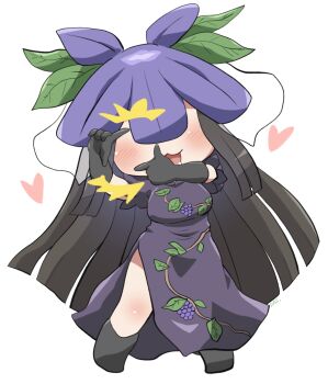 1girl :3 :d black_boots black_gloves black_hair blunt_ends blunt_sidelocks blush boots commentary_request covered_eyes dress drooling elbow_gloves flower flower_on_head food_print fruit_print full_body gloves grape_print heart highres leaf leaf_print long_hair looking_at_viewer open_mouth print_dress purple_dress purple_flower rokugou_daisuke short_sleeves sidelocks signature simple_background smile solo standing touhou very_long_hair white_background yomotsu_hisami