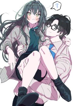 1boy 1girl :< absurdres black-framed_eyewear black_hair black_shoes black_skirt blue_necktie blush carrying closed_mouth coat commentary_request dress_shirt flying_sweatdrops gakuen_idolmaster glasses green_eyes green_hair green_shirt grey_coat hair_between_eyes hetero highres idolmaster kasasagi_(futagodori888) long_hair long_sleeves necktie partial_commentary princess_carry producer_(idolmaster) shirt shoes simple_background skirt smile spoken_flying_sweatdrops sweatdrop tsukimura_temari white_background white_shirt
