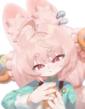 1girl ahoge animal_ear_fluff animal_ear_piercing animal_ears braid commentary_request furry furry_female highres long_hair long_sleeves looking_at_viewer open_mouth pink_hair rabbit_ears rabbit_girl red_eyes sexually_suggestive simple_background solo thick_eyebrows twin_braids white_background wonjang zenless_zone_zero zhao_(zenless_zone_zero)