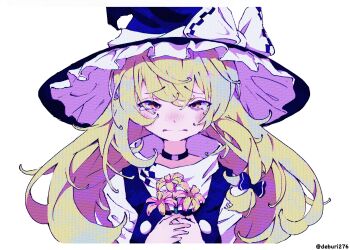 1girl absurdres black_bow black_choker black_hat black_vest blonde_hair bow buttons choker deburi276 flower frilled_hat frills hair_bow hat hat_bow highres holding holding_flower kirisame_marisa long_hair looking_at_viewer shirt simple_background solo touhou turtleneck turtleneck_shirt twitter_username upper_body vest white_background white_bow white_shirt witch_hat yellow_eyes yellow_flower