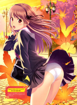 1girl absurdres ass autumn bag blush brown_eyes brown_hair female_focus hairband highres koutaro lamppost leaf looking_back maple_leaf original outdoors panties pavement school_uniform skirt solo underwear upskirt wind wind_lift