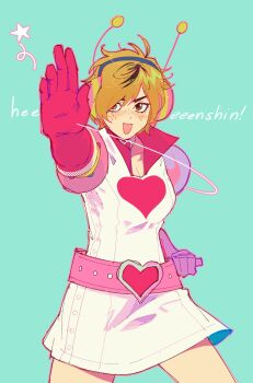 Rule 34 | 1girl, absurdres, antennae, belt, blonde hair, blush, boots, breasts, buckle, cleavage, commentary, elbow gloves, english commentary, freckles, gloves, headphones, heart, heart-shaped buckle, heather mason, henshin, henshin pose, highres, magical girl, miniskirt, open mouth, princess heart (silent hill), senranx, short hair, silent hill (series), silent hill 3, skirt, smile, solo, star (symbol)
