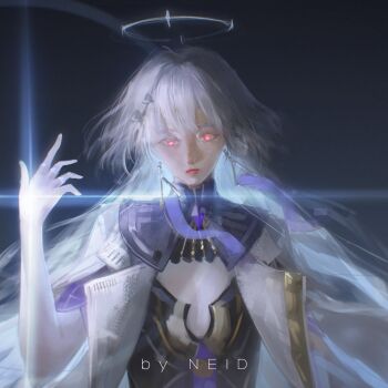 1girl artist_name closed_mouth colored_eyelashes commentary earrings grey_hair halo hand_up highres jacket jewelry long_hair looking_at_viewer mornye_(wuthering_waves) neid_art pink_eyes solo triangle_earrings upper_body white_jacket wuthering_waves
