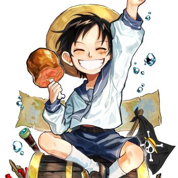 1boy aged_down air_bubble arm_up black_hair blue_neckerchief blue_shorts boned_meat bubble child closed_eyes food grin hashtag-only_commentary hat highres jolly_roger male_focus map meat monkey_d._luffy mxhxkxcx neckerchief one_piece scar scar_on_face shirt short_hair shorts sitting smile socks solo straw_hat telescope treasure_chest white_shirt