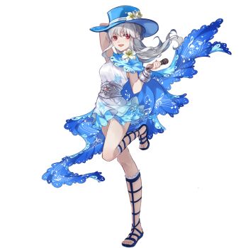 Rule 34 | 1girl, benghuai xueyuan, blue hat, blue sandals, blue scarf, blue skirt, bracelet, death sonata (benghuai xueyuan), dress, flower, full body, hat, hat flower, holding, holding microphone, honkai (series), jewelry, leg up, long hair, microphone, official art, open mouth, red eyes, sandals, scarf, silver bracelet, skirt, smile, solo, transparent background, white dress, white flower, white hair