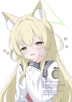 1girl :d animal_ear_fluff animal_ears black_sailor_collar blonde_hair blue_archive blush commentary_request fox_ears fox_girl green_eyes hair_between_eyes hair_intakes hand_on_own_cheek hand_on_own_face hand_up heart heart-shaped_pupils highres kurumi_(blue_archive) long_hair long_sleeves looking_at_viewer lovestruck momonexmomo neckerchief open_mouth partial_commentary red_neckerchief sailor_collar sailor_shirt school_uniform serafuku shirt sidelocks simple_background smile solo symbol-shaped_pupils two_side_up upper_body very_long_hair white_background white_shirt