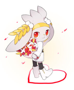 absurdres black_thighhighs boots bouquet buttons closed_mouth clothed_pokemon coat colaoud commentary_request flower gen_8_pokemon heart highres holding holding_bouquet korean_commentary long_sleeves looking_at_viewer looking_back nintendo no_humans pokemon pokemon_(creature) raboot red_eyes smile solo standing thighhighs white_boots white_coat