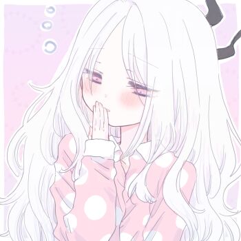 1girl blue_archive blush border half-closed_eyes highres hina_(blue_archive) hina_(pajamas)_(blue_archive) horns long_hair official_alternate_costume outline parted_bangs purple_background purple_eyes sleepy solo takahisayuki upper_body white_border white_hair white_outline