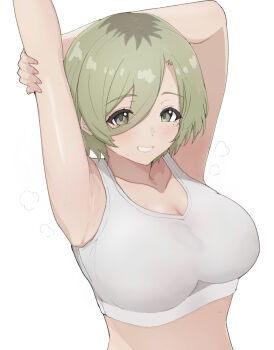 1girl armpits breasts brown_eyes brown_hair commentary girls_band_cry grey_sports_bra hair_between_eyes hanekuri_(nnainain) hashtag-only_commentary highres large_breasts long_hair_between_eyes mole mole_under_eye multicolored_hair roots_(hair) rupa_(girls_band_cry) short_hair simple_background smile solo sports_bra white_background