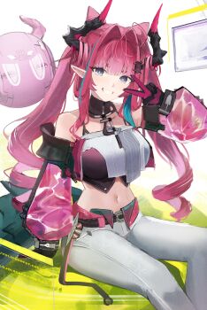 1girl absurdres arknights arknights:_endfield belt black_belt blue_hair breasts commentary_request cone_hair_bun crop_top double_bun drill_hair ema_(kuguiema) grey_eyes grin hair_bun hair_intakes hair_on_horn highres horns large_breasts long_hair looking_at_viewer midriff multicolored_hair multicolored_horns navel pants pink_hair pointy_ears revision sitting smile solo streaked_hair tail twintails two-tone_hair two-tone_horns v white_pants yvonne_(arknights)