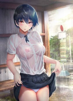 1girl black_hair blush breasts clothes_lift gentsuki highres looking_at_viewer medium_breasts nipples no_bra orange_eyes outdoors panties rain school_uniform see-through_clothes shirt short_hair skirt skirt_lift solo standing tomboy underwear wet wet_clothes wet_shirt
