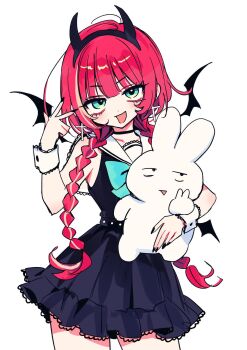 1girl :d akiyama_enma akiyama_enma-chan aqua_bow aqua_bowtie artist_self-insert black_choker black_hairband black_shirt black_skirt blunt_bangs bow bowtie choker collarbone commentary cowboy_shot demon_girl demon_horns demon_wings green_eyes hairband highres horns inward_v long_hair low_twintails miniskirt open_mouth original pleated_skirt rabbit red_hair sailor_collar school_uniform serafuku shirt skirt sleeveless sleeveless_shirt smile solo twintails v very_long_hair white_background white_sailor_collar wings