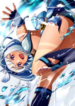 1girl :d bent_over body_markings braid breasts brown_eyes commentary_request dark-skinned_female dark_skin feet_out_of_frame fingerless_gloves fish-shaped_pupils genshin_impact gloves grey_background grey_hair highres long_hair mualani_(genshin_impact) open_mouth simple_background smile solo tsumutsumugi white_gloves
