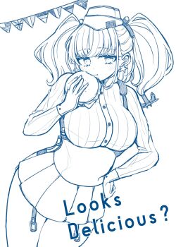 Rule 34 | 1girl, anchor hair ornament, atlanta (kancolle), blue theme, blush, breasts, burger, commentary request, earrings, eating, english text, flag, food, garrison cap, hair ornament, hand on own hip, hat, headgear, highres, holding, holding burger, holding food, jewelry, kantai collection, large breasts, monochrome, nagi kantai114, simple background, single earring, sketch, skirt, solo, star (symbol), star earrings, suspender skirt, suspenders, two side up