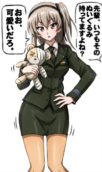 1girl aged_up black_necktie black_ribbon blazer boko_(girls_und_panzer) brown_eyes brown_hair commentary cowboy_shot dress_shirt girls_und_panzer green_jacket green_skirt hair_ribbon hand_on_own_hip highres holding holding_stuffed_toy jacket japan_ground_self-defense_force japan_self-defense_force long_hair long_sleeves looking_at_viewer military military_uniform miniskirt motion_lines necktie omachi_(slabco) one_side_up open_mouth pantyhose pencil_skirt ribbon sheer_pantyhose shimada_arisu shirt simple_background skirt solo standing stuffed_animal stuffed_toy teddy_bear translated white_background white_shirt