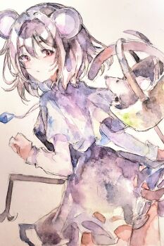 1girl absurdres animal_ears basket black_dress blue_capelet capelet closed_mouth commentary cowboy_shot dowsing_rod dress grey_hair highres holding holding_with_tail jewelry kamu_kotan long_sleeves looking_at_viewer looking_back medium_hair mouse_(animal) mouse_ears mouse_girl mouse_tail nazrin necklace pendant prehensile_tail red_eyes solo tail touhou traditional_media