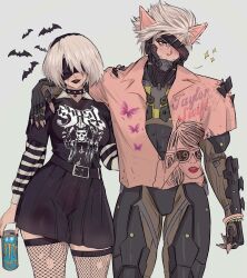 Rule 34 | 1boy, 1girl, 2b (nier:automata), animal ears, arm on another&#039;s shoulder, belt, black blindfold, black dress, black hairband, black lips, black nails, blindfold, blush, bracelet, can, cat ears, choker, collared shirt, color connection, commentary, covered eyes, cyborg, dress, english commentary, eyepatch, fishnet thighhighs, fishnets, grey eyes, hair color connection, hairband, highres, holding, holding can, jewelry, looking at viewer, looking to the side, mechanical parts, metal gear (series), metal gear rising: revengeance, mole, mole under mouth, monster energy, nier:automata, nier (series), pink nails, pink shirt, platinumgames inc., print shirt, raiden (metal gear), shirt, short hair, simple background, smile, spiked choker, spikes, thighhighs, white hair, wide hips, yoracrab