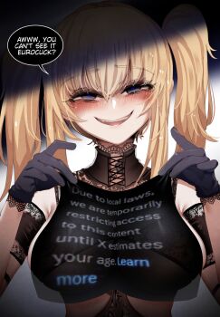 1girl ani_(xai) arm_strap armpit_crease at2. bare_shoulders black_bra black_choker black_eyes black_gloves black_veil blonde_hair blue_pupils blush bra breasts censored censored_by_text choker commentary english_commentary english_text evil_smile gloves hair_between_eyes half-closed_eyes hands_up highres holding holding_veil lace lace-trimmed_choker lace-trimmed_gloves lace_trim large_breasts long_hair looking_at_viewer mocking open_mouth second-party_source smile solo speech_bubble straight-on twintails twitter due_to_local_laws underwear upper_body veil xai_(company)