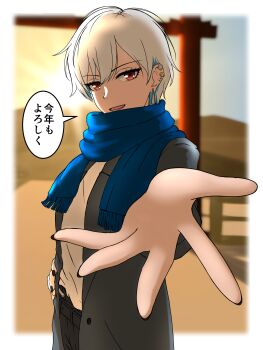 1girl absurdres black_nails blue_hair blue_scarf blush commentary_request formal_clothes hand_on_own_hip highres looking_at_viewer nail_polish open_mouth original oryou_gunsou outdoors reaching reaching_towards_viewer red_eyes ryo_(oryou_gunsou) scarf short_hair smile solo suit tomboy