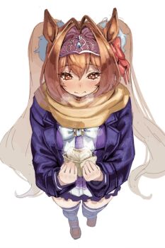 1girl animal_ears blush bow bowtie breasts brown_hair brown_scarf closed_mouth coat daiwa_scarlet_(umamusume) food hair_between_eyes hair_intakes highres holding holding_food horse_ears horse_girl large_breasts long_hair long_sleeves open_clothes open_coat purple_coat purple_serafuku purple_shirt purple_skirt purple_thighhighs red_eyes sailor_collar sailor_shirt scarf school_uniform serafuku shirt skirt solo steamed_bun steaming_food thighhighs tiara tracen_school_uniform twintails umamusume utsuke_(u_tuk_e) very_long_hair white_bow white_bowtie